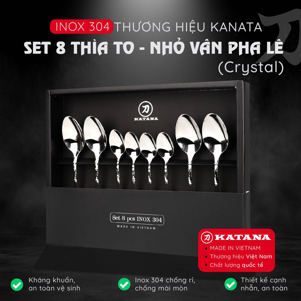 Set 8 món bàn ăn cao cấp inox 304 KATANA (4 thìa súp + 4 thìa trà) - vân trám chống bám vân tay VTK385