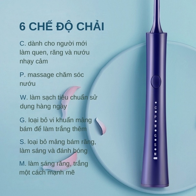 Bàn Chải Điện Đánh Răng Sonic 6 Chế Độ 5 Đầu Chải Chống Nước Ipx7 Làm Sạch, Trắng Sáng Răng Tự Nhiên XBH168