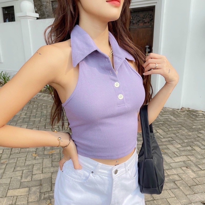 ÁO BA LỖ CỔ TRỤ BA NÚT CROPTOP CỰC KÌ HOT A5