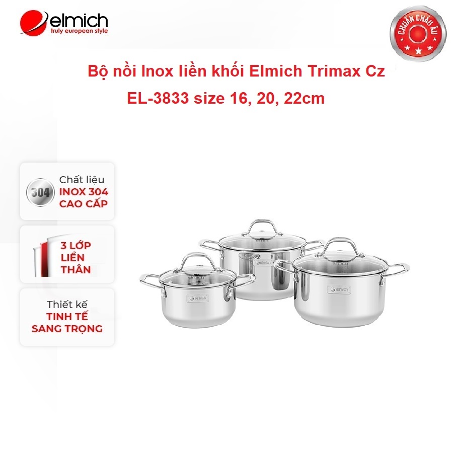 Bộ nồi inox liền khối Elmich Trimax CZ EL-3833 size 16, 20, 22cm