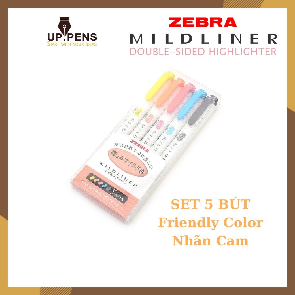 Bộ 5 bút đánh dấu hai đầu Zebra Mildliner Double-Sided Highlighter - Fine/Bold - 5 Friendly Color Set (Nhãn Cam)