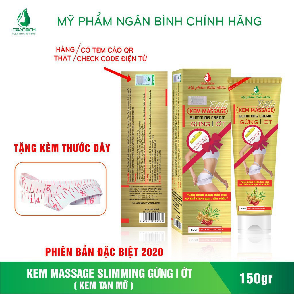 (Mẫu MỚI) Kem Tan Mỡ Ngân Bình Cao Cấp + Tặng Thước Dây Đo _ Hộp to 150gr _ Chính Hãng (Cao gừng ớt tan mỡ Gia truyền)