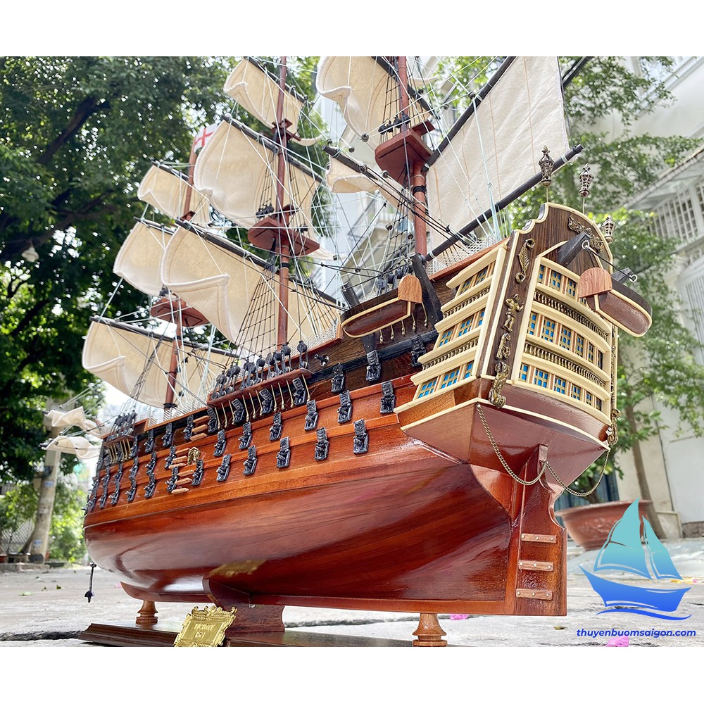 Thuyền buồm phong thủy Victory gỗ tự nhiên dài 90cm lắp ráp sẵn, mô hình thuyền gỗ trang trí nhà cửa