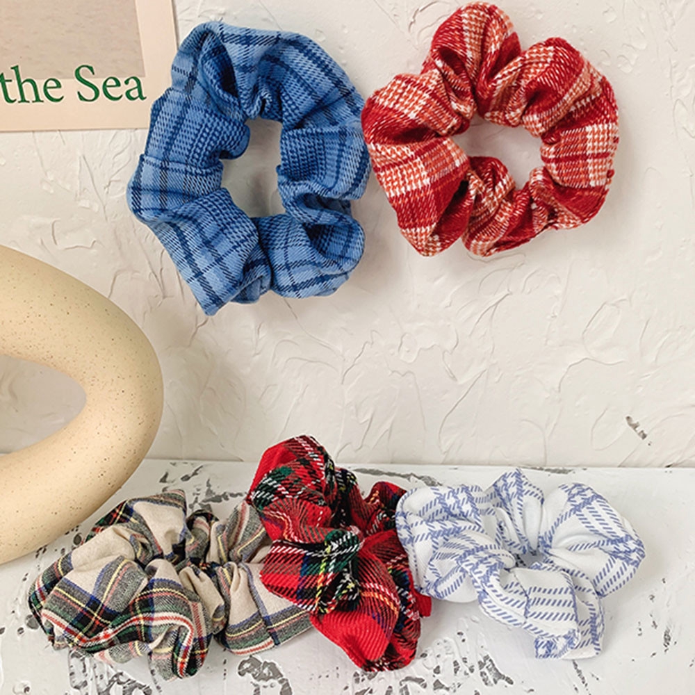 Blue Plaid Hair Circle French Retro Ponytail Hair Rope Hair Accessories Girl