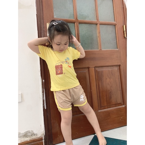 Bộ quần áo cộc tay chui cổ mùa hè vải thun lạnh Unchi phối viền màu bé trai bé gái 6-16kg