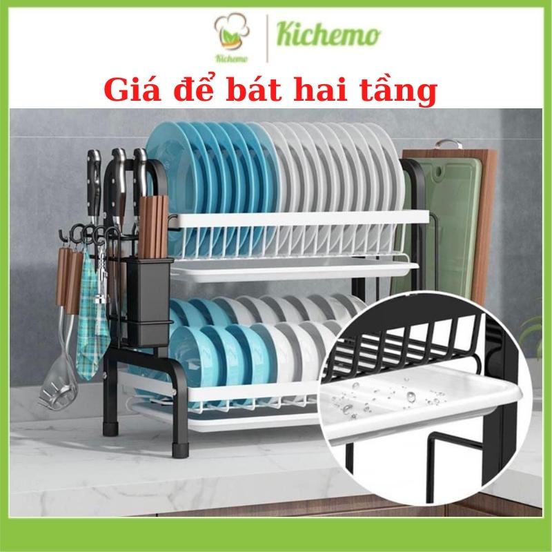 Kệ để bát đĩa hai tầng Kệ chạn úp chén đĩa thép đen có khay đựng nước