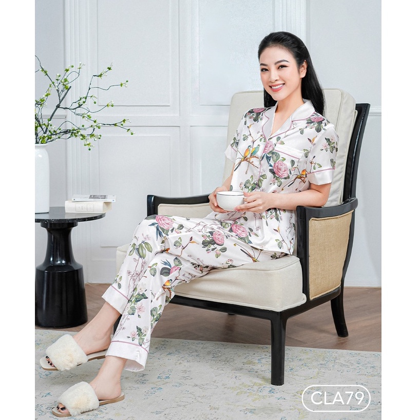 Bộ ngủ satin ZAM Luxury - CLA79 - áo ngắn tay quần dài hoạ tiết