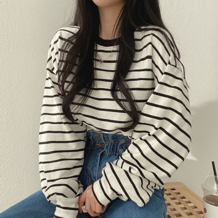 Áo thun tay dài dáng rộng họa tiết kẻ sọc plus size