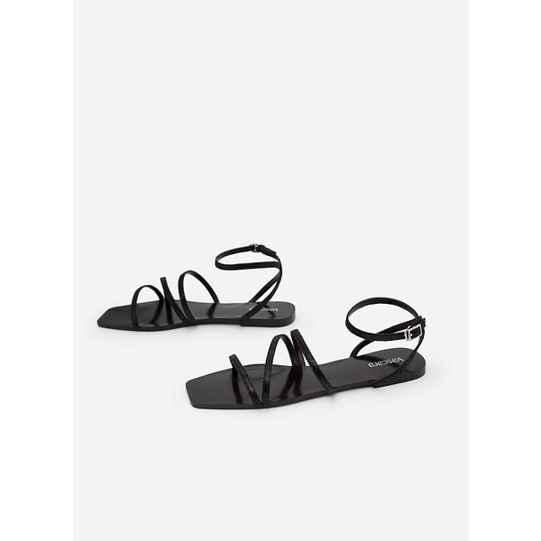 Vascara Giày Sandal Ankle Đế Bệt Mũi Vuông Vân Da Kỳ Đà - SDK 0317 - Màu Đen