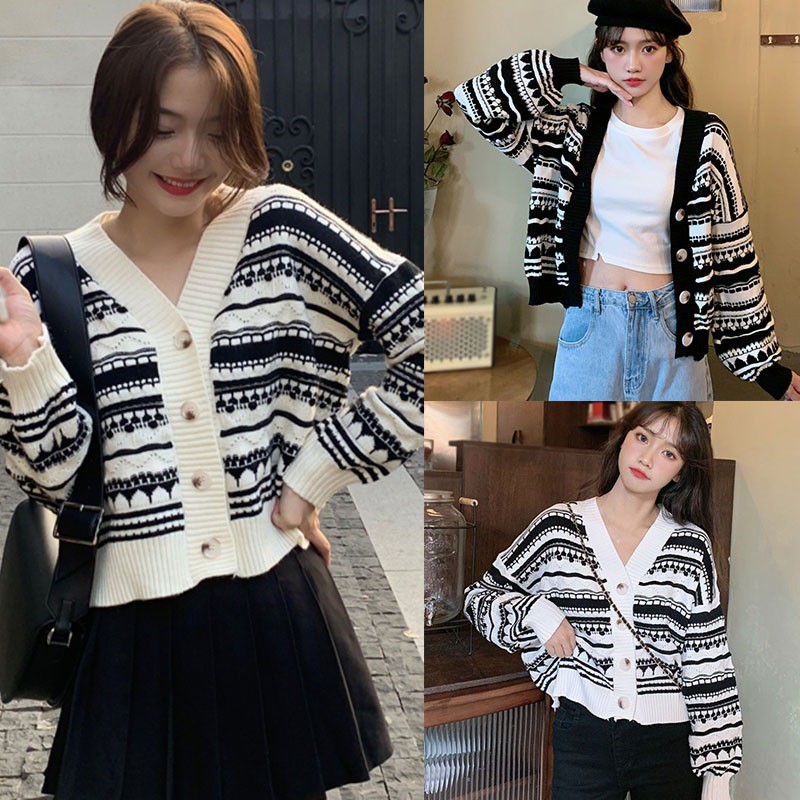 Áo Khoác Cardigan Dệt Kim Hoạ Tiết Kẻ Sọc Thiết Kế Cổ Chữ V Nữ Tính Áo Cardigan Áo Len Nữ