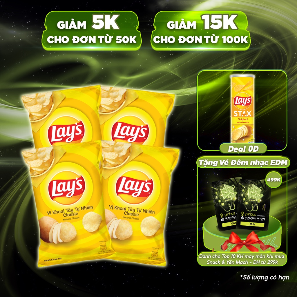 [Mã GRO1APR giảm 20K đơn 150K] Combo 4 Snack Khoai Tây Lay's vị Khoai Tây Tự Nhiên 95g/gói