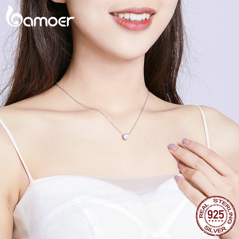 Dây chuyền ngắn Bamoer BSN085 bằng bạc S925 phối mặt đá CZ trong suốt đơn giản thời trang cho nữ