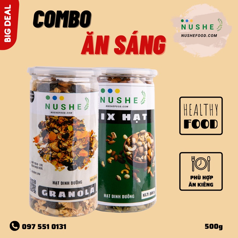 COMBO ĂN SÁNG 500gr/1hộp, NUSHEFOOD, Combo Gồm Granola 50% Yến Mạch và Mix Hạt, Ăn Kiêng Lành Mạnh, Giảm Cân Hiệu Quả