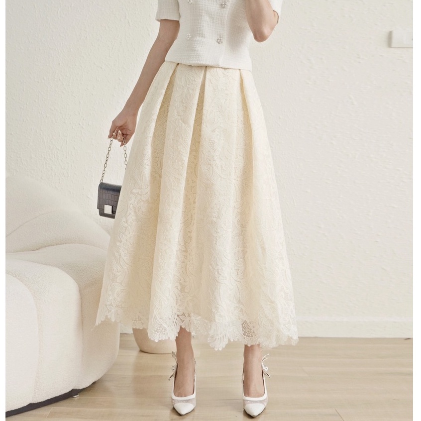 Chân váy nữ xếp ly bồng ren RIRI midi dáng dài H.I.U Fashion design , vải ren nhẹ 2 lớp có thoáng mát trendy HIU ROOM