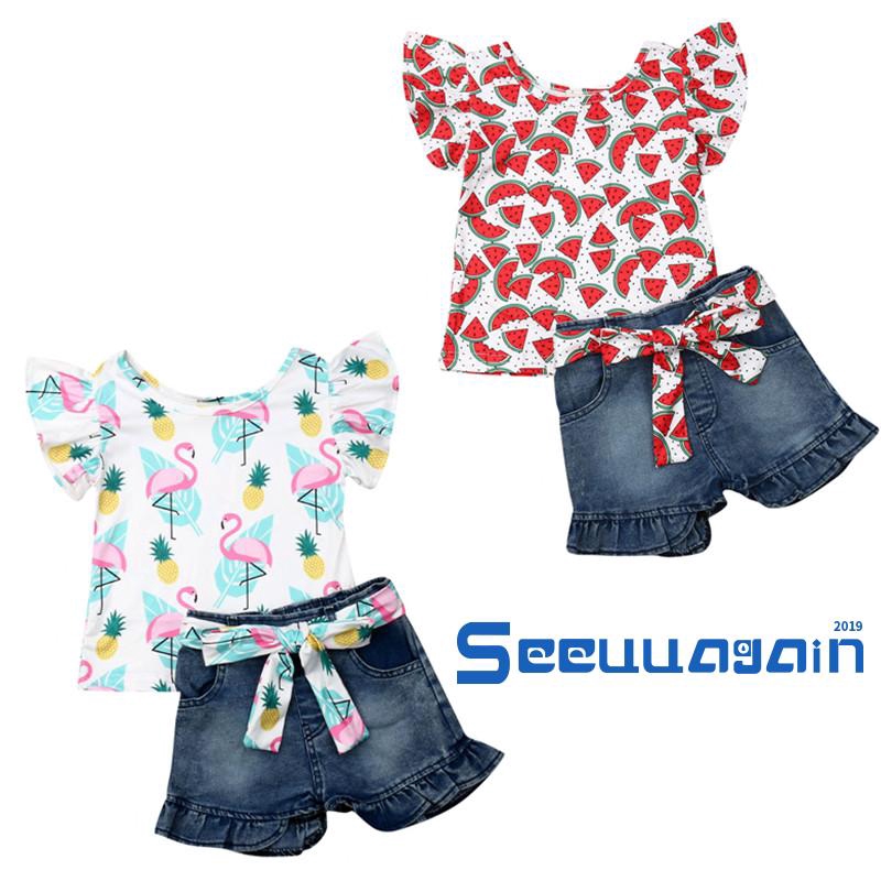 Set Áo Thun Ngắn Tay Cổ Tròn+Quần Short Jeans Thời Trang Cho Bé Gái