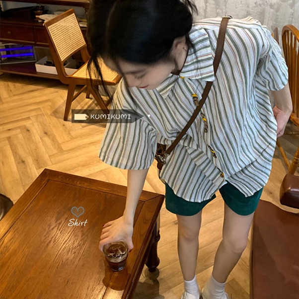 Áo sơ mi SUXI ngắn tay dáng rộng kẻ sọc phong cách cổ điển thời trang mùa hè cho nữ