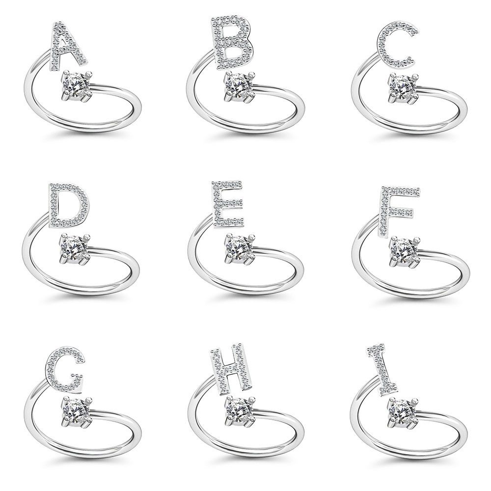 Nhẫn điều chỉnh được kích thước thiết kế mặt hình 26 chữ cái tùy chọn đính đá thời trang dành cho nữ