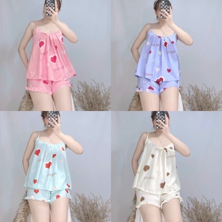 Set đồ ngủ 2 dây dập ly quần đùi bèo siêu xinh chất liệu lụa mềm mại freesize dưới 57kg