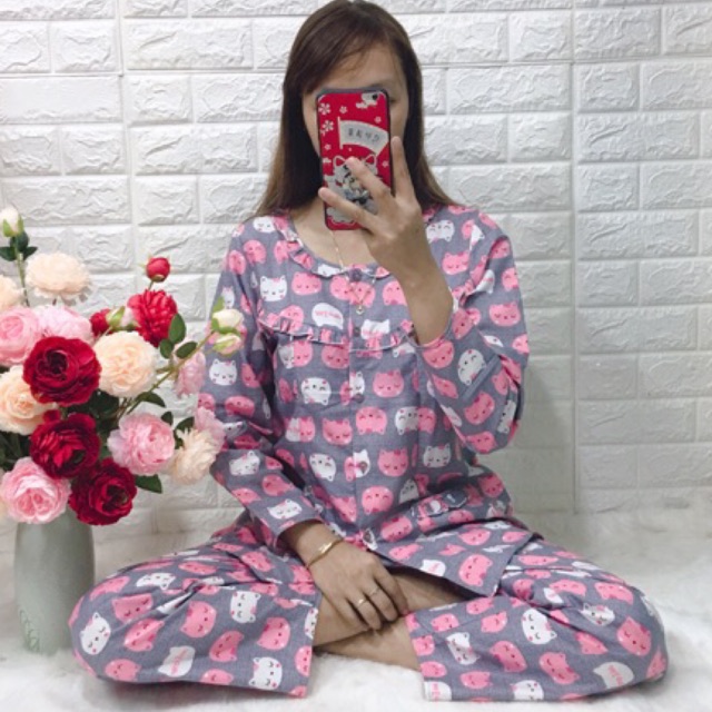 Đồ bộ sau sinh cho con bú chất kate thái, dài tay mặc nhà mùa hè, màu đẹp, có size cho mẹ bầu 48-85kg