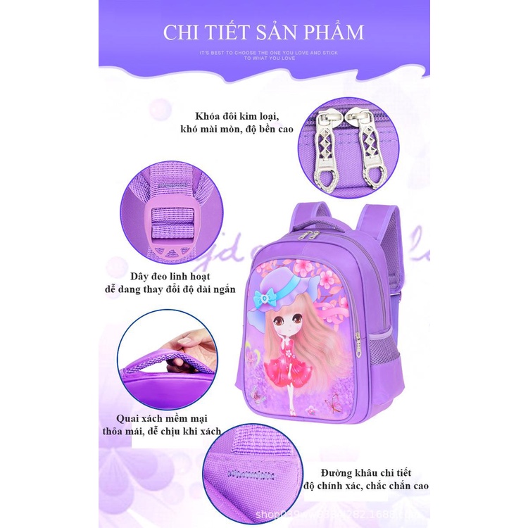 [Nhiều mẫu - Nhiều size cho bé] Balo đi học cho bé in hình cô gái dễ thương, chống thấm nước, balo đi học cho bé gái