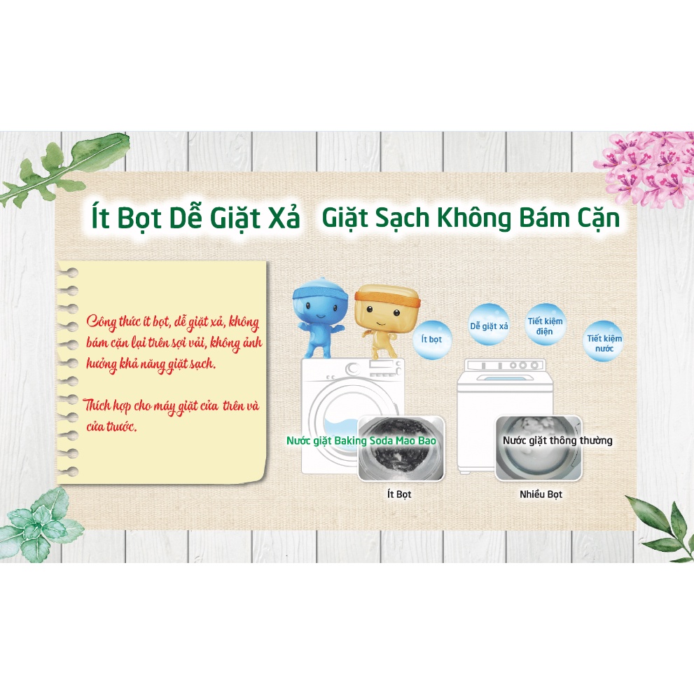 [Combo 6Kg] 3 chai Nước giặt khử mùi Baking soda Mao Bao 2Kg trắng sáng, ít bọt dễ giặt xả, cho cửa trên và cửa trước