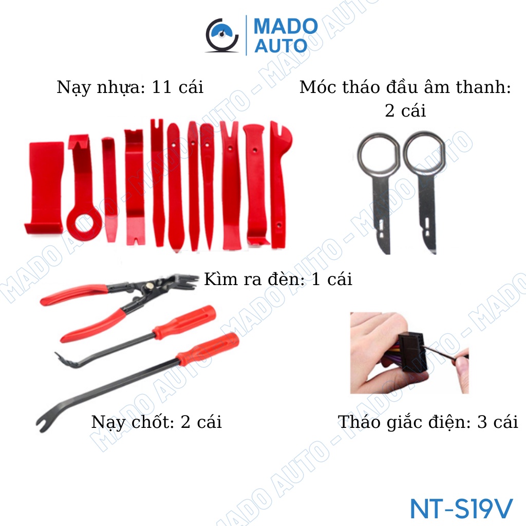 Bộ dụng cụ cậy chốt nở nhựa Taplo Tapi, tháo giàn âm thanh, giắc điện trong xe ô tô MADO AUTO NT-S19V