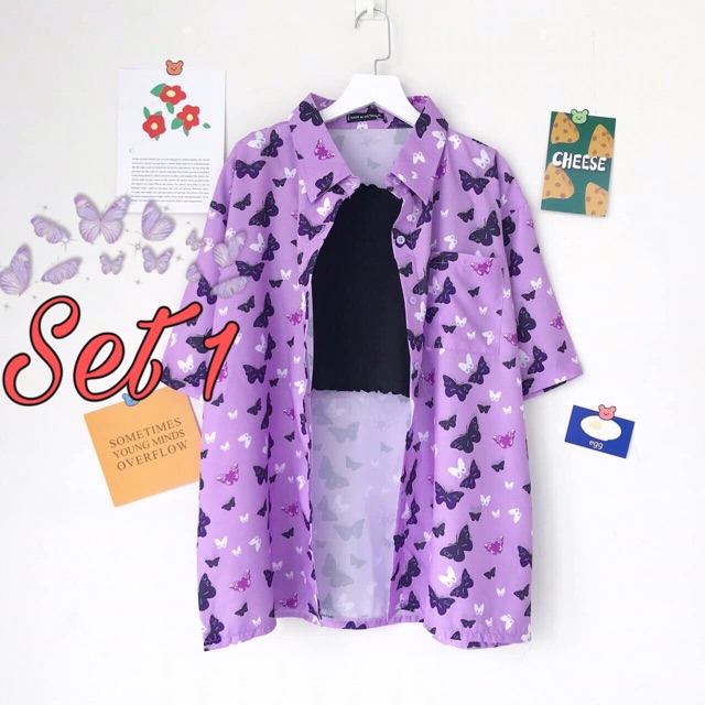 Set Sơmi Hoạ Tiết CropTop Hai Dây Ảnh Thật