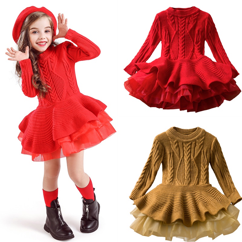 Đầm Công Chúa Tay Dài Màu Đỏ Thời Trang Thu Đông Mừng Năm Mới Cho Bé Gái