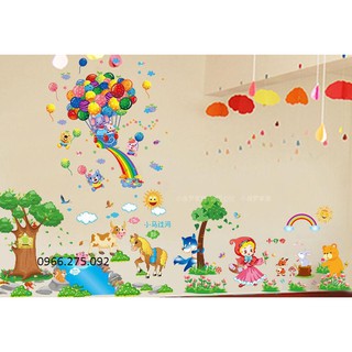 Decal dán tường Combo 3 tranh thú tắm mát + cô bé quàng khăn đỏ + chùm bóng cầu vồng