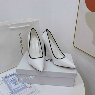 Giày cao gót trắng phối viền đen hàng cao cấp chất da xịn xò lên chân siêu sang 2024