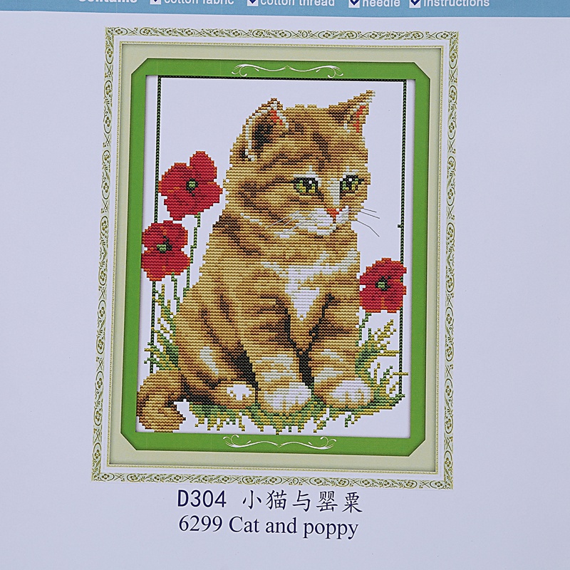 Mới Bộ Tranh Thêu Chữ Thập 14ct 21x29cm Hình Mèo Và Hoa Anh Túc