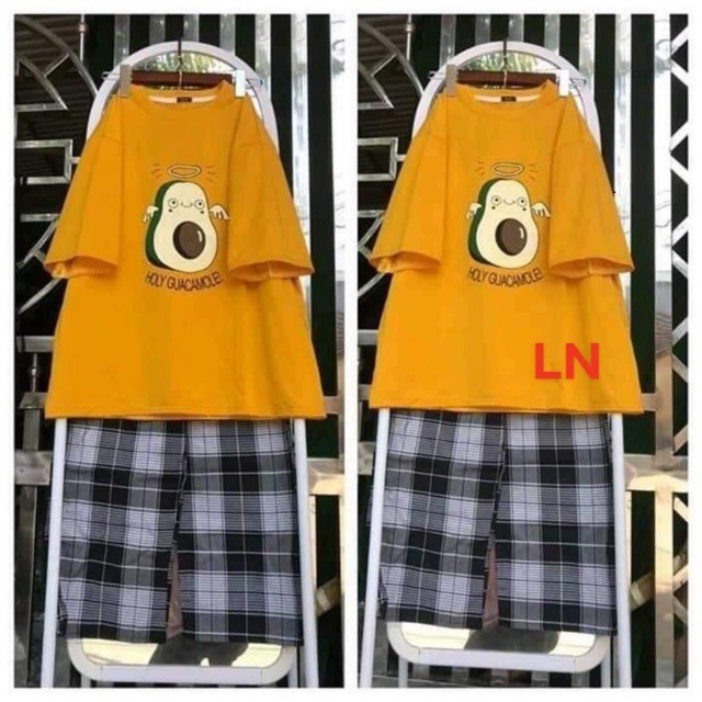 Sét áo QUẢ BƠ mix QUẦN KẺÁo chất cotton mềm mịn in hình quả bơ siêu netquần kẻ ống rộng chất thô mềmfreesize unisex