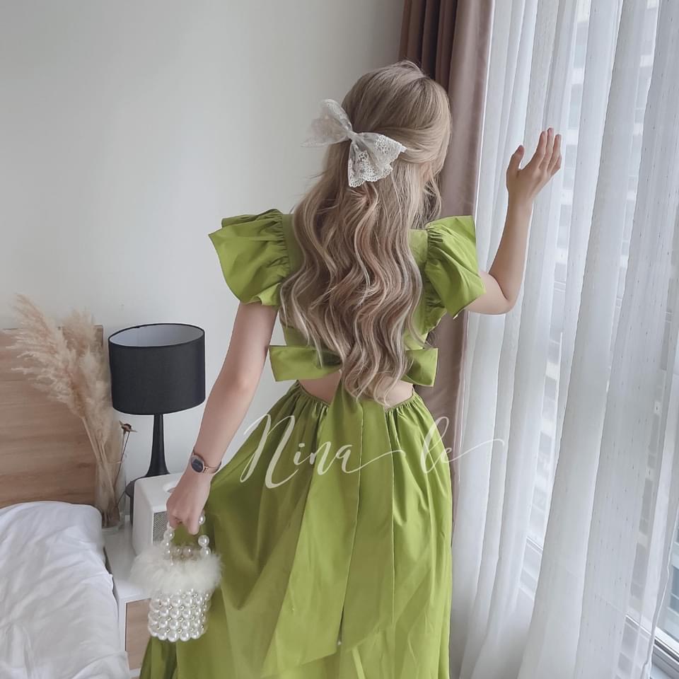 Đầm maxi cánh tiên hở eo nơ lưng hàng thiết kế chất quảng châu maxi đi biển váy maxi bèo vai chun sau