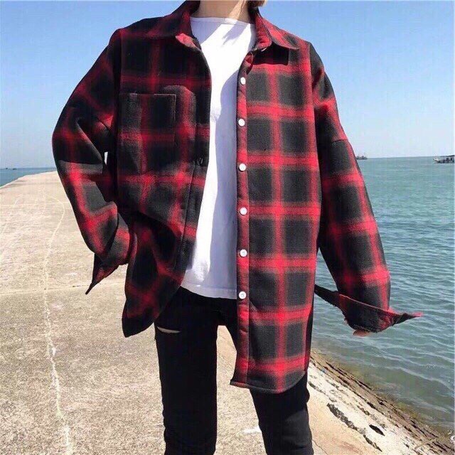 Áo sơ mi Flannel caro không nón nữ Đen Đỏ - Đen Xám chất | BigBuy360 - bigbuy360.vn