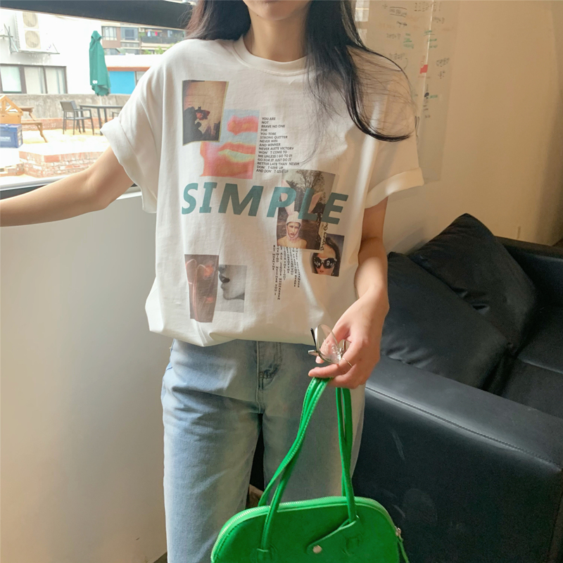 SUXI Áo thun tay ngắn cổ tròn dáng rộng phong cách cổ điển nữ tính