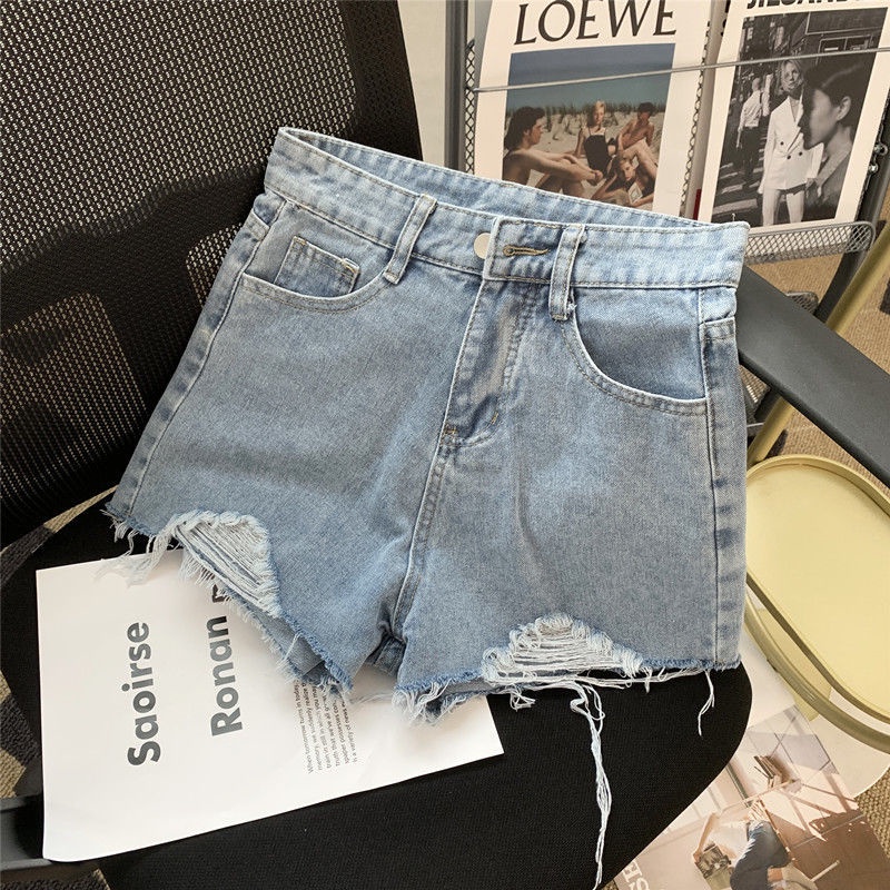 Mới Quần Short Denim Lưng Cao Ống Rộng Phối Túi Hoạ Tiết In Thiết Kế Xẻ Rách Cá Tính
