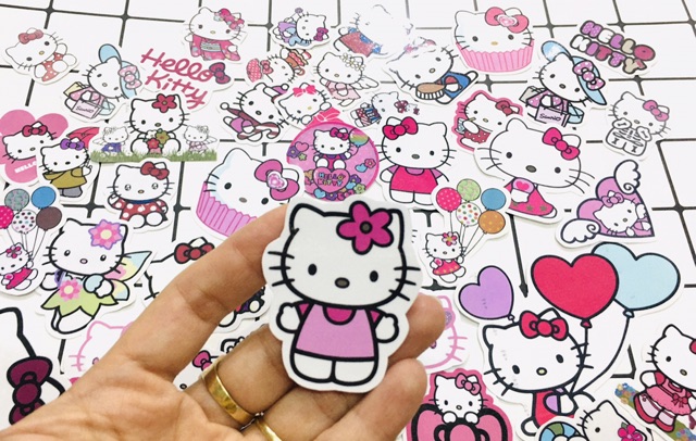 Sticker helo kitty sét 30-50 cái ép lụa có đề can bóc dán