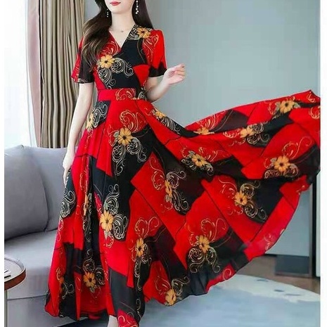 Váy Đi Biển - Đầm Maxi Dáng Dài Cổ V Họa Tiết Voan Lụa Quảng Châu Cao Cấp Siêu Sang