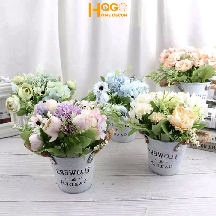 Hoa lụa, hoa giả, chậu hoa cẩm tú cầu mix cao 20cm phong cách Hàn Quốc