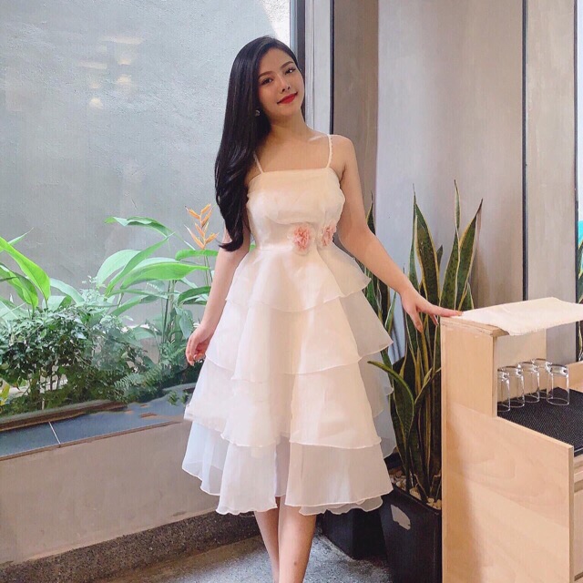 V12 VÁY ĐẦM THIẾT KẾ DỰ TIỆC, DẠ HỘI KỶ YẾU PROM, VÁY ĐẦM TRẮNG CÔNG CHÚA TIỂU THƯ, 2 DÂY XOÈ TẦNG