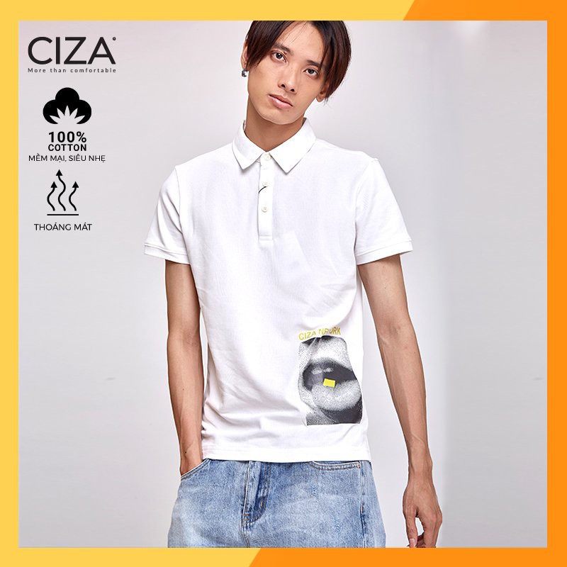 Áo Polo nam cổ bẻ màu Trắng và Đen CIZA APNS07 T11140 ngắn tay slim fit trơn 2 màu in hình cá tính