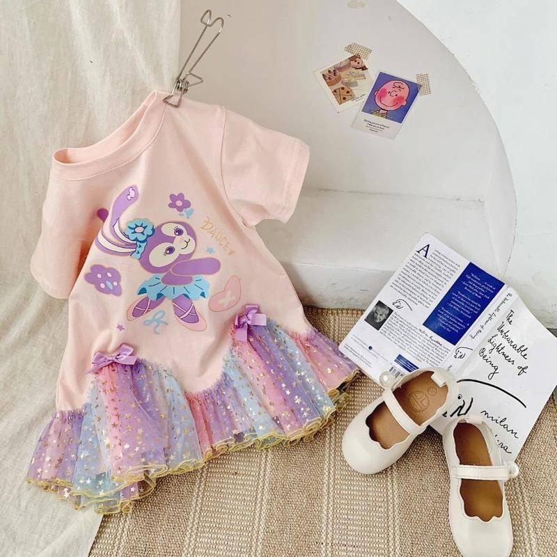 Đầm lưới cotton cổ tròn in hoạt hình phong cách phương Tây cho bé gái