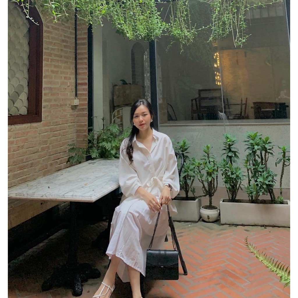 Áo sơ mi tay dài thắt eo [có sẵn]
