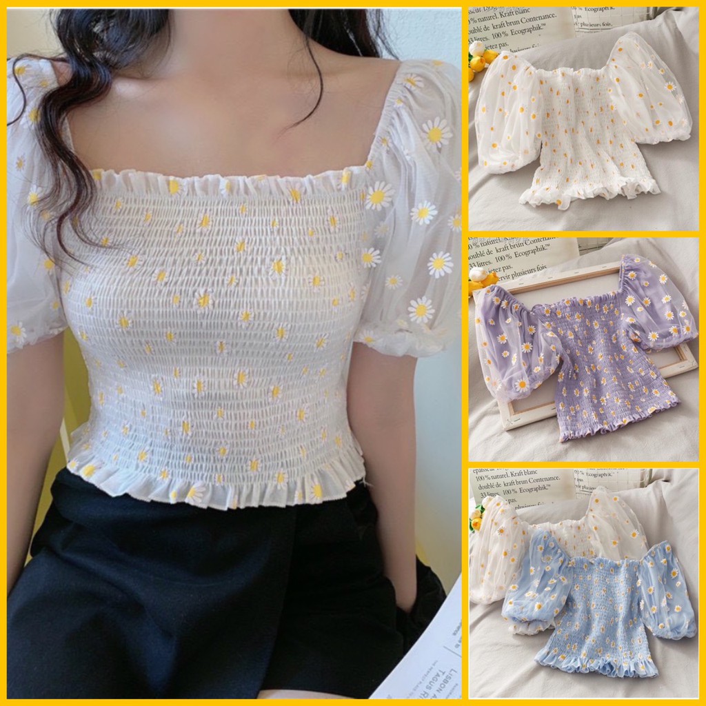 ÁO CROPTOP NỮ NHÚN IN HOA CÚC TAY NGẮN By bear.story