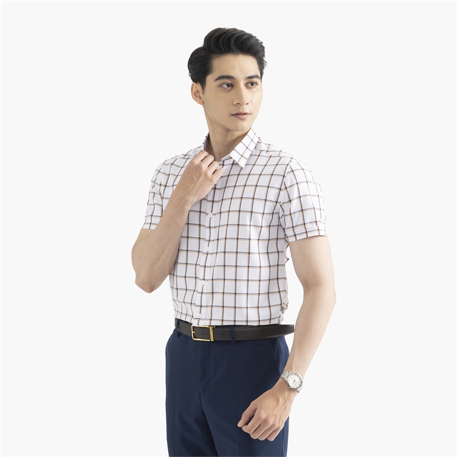 [MẪU MỚI] Áo sơ mi nam ngắn tay ARISTINO phom Slim fit, màu trắng kẻ caro nâu trẻ trung, nổi bật - ASS388S2