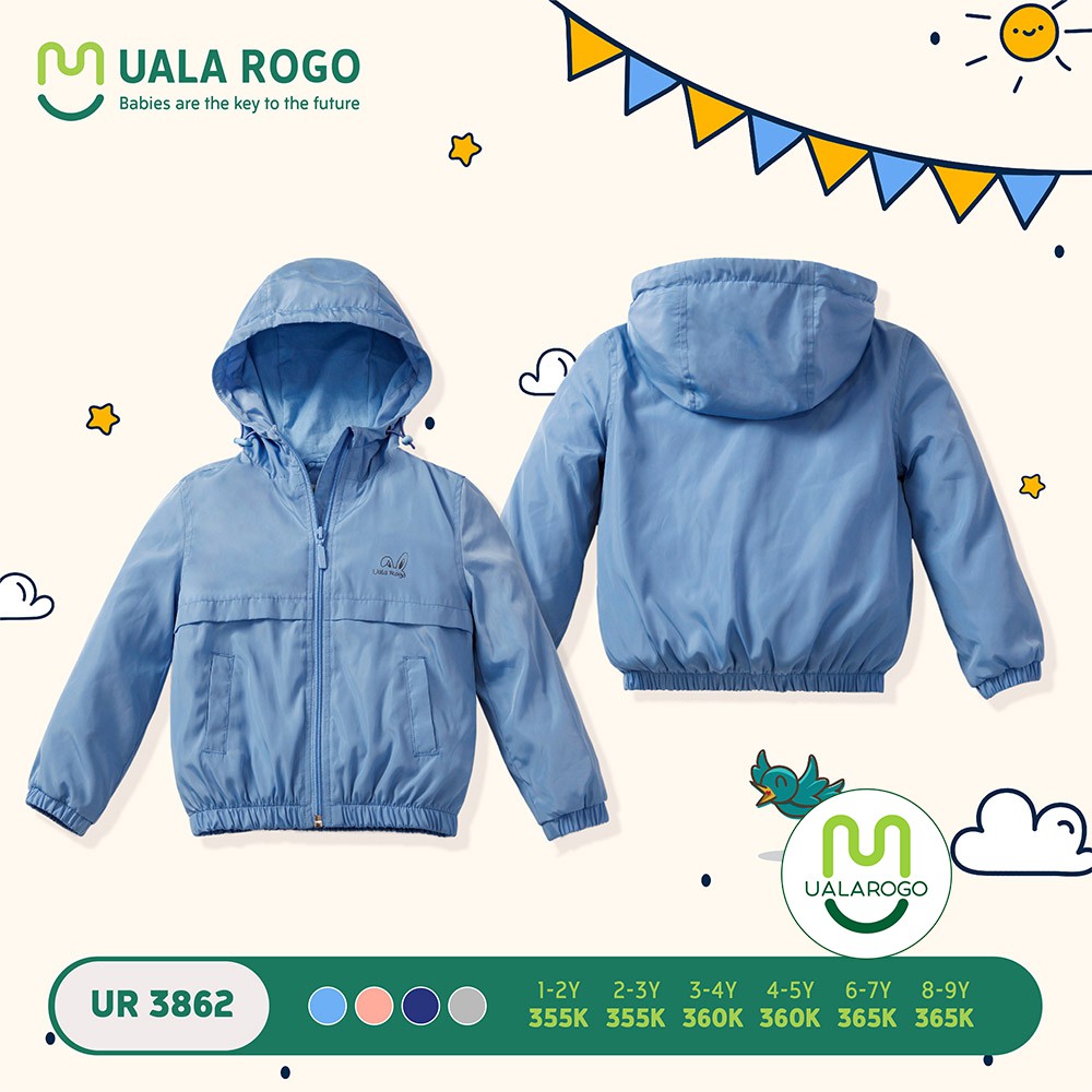 Áo gió cho bé Uala rogo 2 lớp 6 tháng -9 tuổi 1 lớp nỉ 1 lớp Polyeste có mũ chùm đầu ấm áp mềm nhẹ UR3862