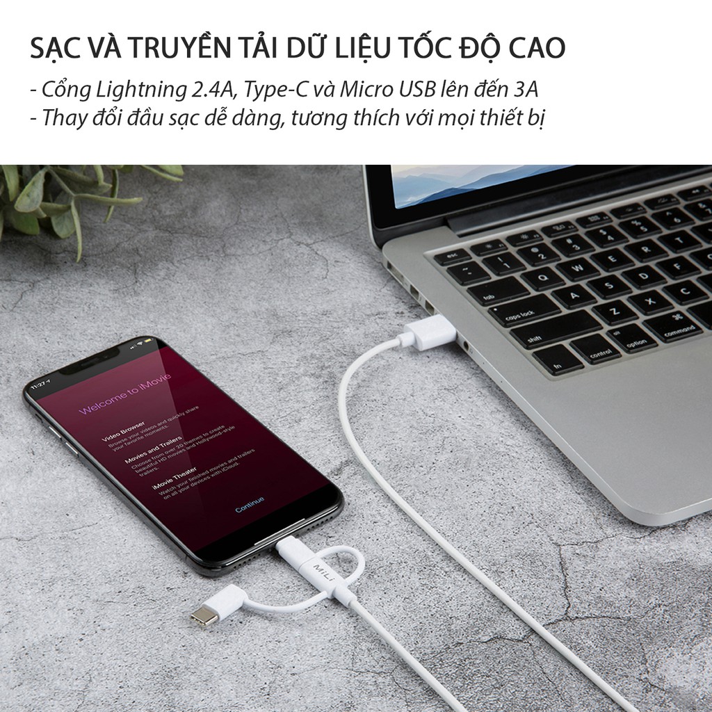 Cáp sạc 3in1 MiLi - HI-L31 Lightning to USB to type C dài 1m, chịu nhiệt, chống cháy