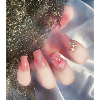 Móng tay giả màu hồng gắn hoa thiết kế,bộ móng tay giả kèm keo