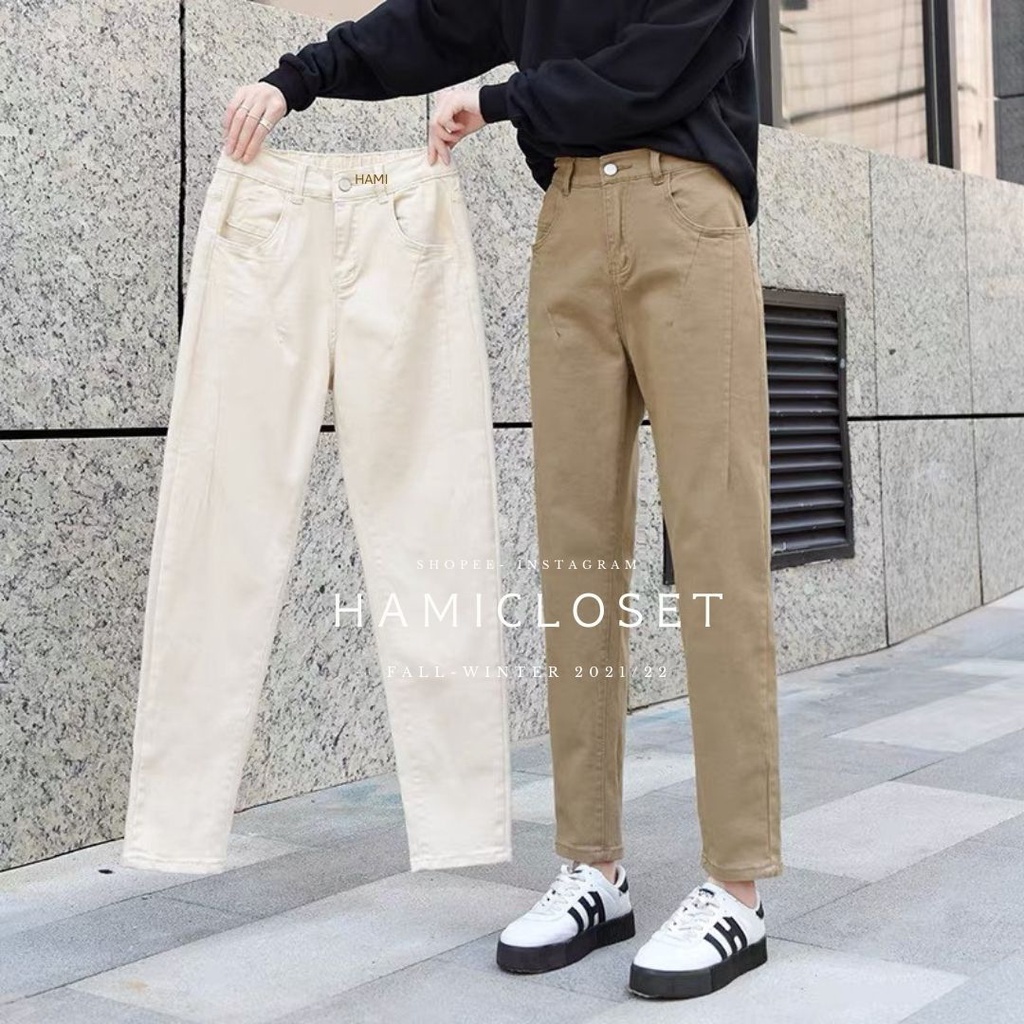 Quần baggy jeans kaki ống đứng kiểu dáng trơn basic chun sau phong cách đơn giản vintage