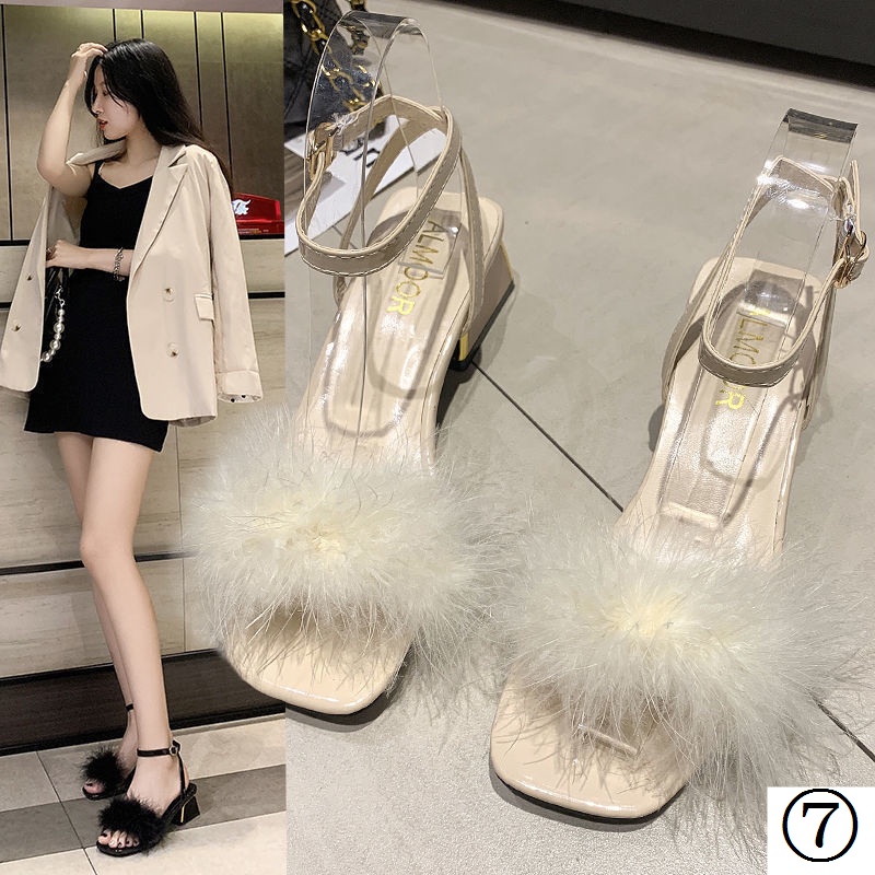 Giày Sandal Cao Gót Đế Dày Phối Lông Thời Trang Mùa Hè 2022 Cho Nữ